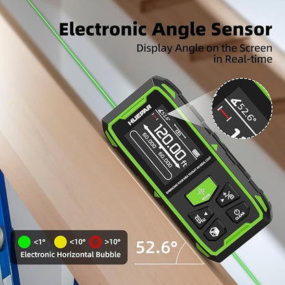 Huepar Dual Laser Measuring Tool, 656Ft Green-Beam Bilateral Digital Laser Distance Measure 6 Units Ft/in/M, Rechargeable Laser Measurement Tool -Backlit LCD Display, Length/Area/Volume/Angle Sensor