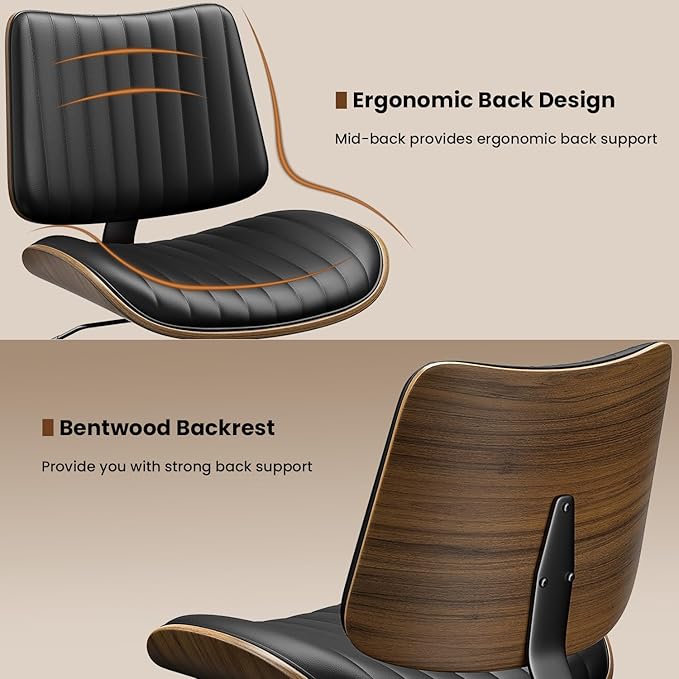 Armless Office Chair, Mid Century Modern Desk Chair with Walnut Wood Back & SGS Level 3 Gas Lift, Swivel PU Leather Computer Chair for Small Space, Home Office, Bedroom, 300lbs Cap, Black