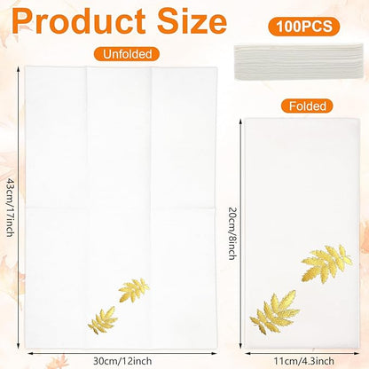 Janlaugh 100 Pcs Gold Thanksgiving Linen Disposable Bathroom Hand Towels Pumpkin Maple Leaves Foil Stamped Guest Napkins 12"x17" Paper Towels for Bathroom Home Lunch Dinner Kitchen(Leaf)