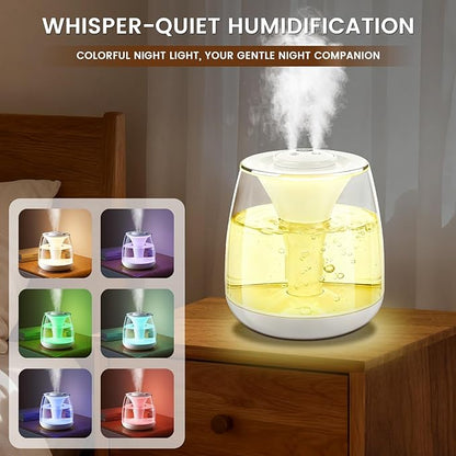 Humidifiers for Bedroom, 3 L Cool Mist Top-Fill 40H Super Long Time, 23dB Quiet, Baby Humidifier, Oil Diffuser for Large Room, Plants, Nursery, Office, Colored lights (white)
