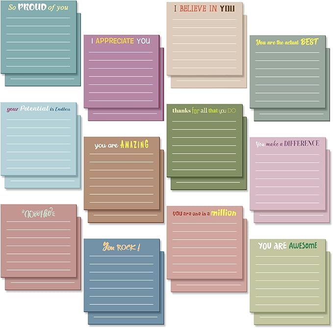 Yinder 24 Pcs Inspirational Sticky Notes Christmas Stocking Stuffers Motivational Sticky Notes Pad Employee Appreciation Gift Bulk for Teacher Nurse Coworker Office 3 x 3''(Appreciation,Morandi Color)