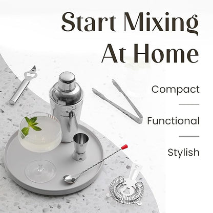 Modern Mixology Cocktail Shaker Set - 8 Piece Bartender Kit on Quality Pine Stand | Complete Cocktail Kit Gift Set | Top Bartender Gifts for Men | Leak Proof Design (Silver)