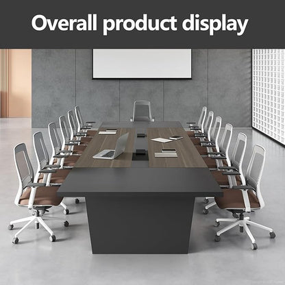 10FT Conference Table, Large Rectangular Seminar Meeting Table, Modern Conference Room Table with Cable Management & 2" Thickened DeskTop for Office Meeting (Oak + Grey, 118"L * 51"W * 30"H)