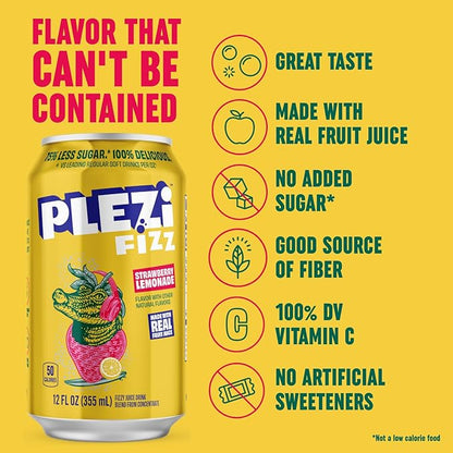 PLEZi FiZZ Strawberry Lemonade Sparkling Juice - Healthy Soda Alternative with Real Fruit Juice, No Added Sugar - Low Sugar Sparkling Drink - Good Source of Fiber, 12 Fl Oz (12 Pack)