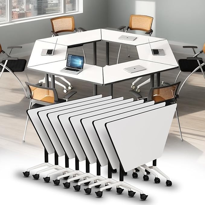 Conference Room Table, 47.2 Inch Folding Conference Tables with Wheels, Modern Office Meeting Table, Easy Flip & Nest Design, Rectangular Seminar Tables with Metal Frame for 2-24 People (L, 8PCS)