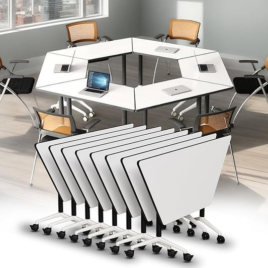 Conference Room Table, 47.2 Inch Folding Conference Tables with Wheels, Modern Office Meeting Table, Easy Flip & Nest Design, Rectangular Seminar Tables with Metal Frame for 2-24 People (L, 8PCS)