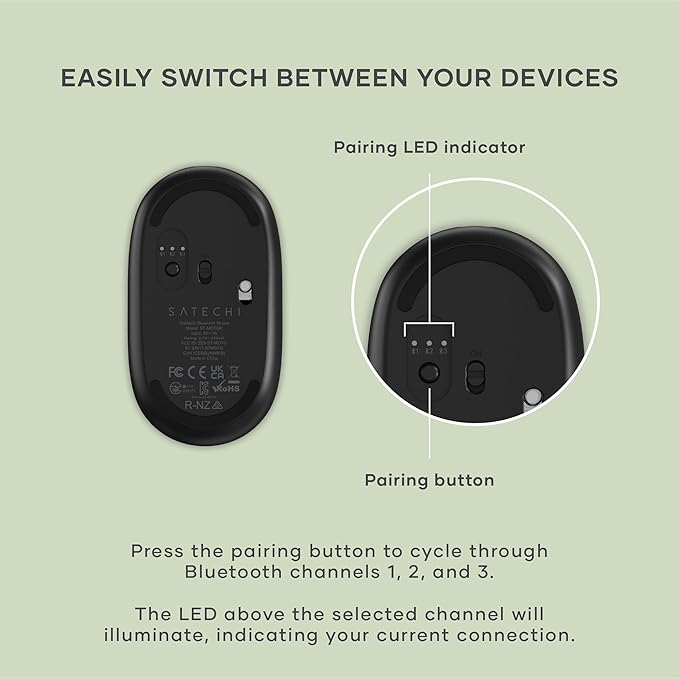 Satechi OntheGo Bluetooth Mouse with USB C Rechargeable Battery, Connect up 3 Devices, Compact and Portable Wireless Mouse for Laptop, Computer, Tablet – Black