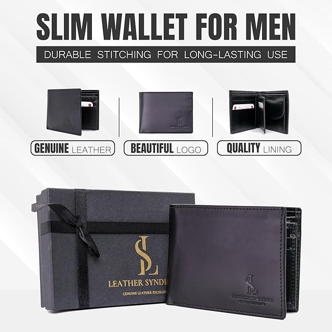 Bifold Wallet for Men with Premium Cowhide Leather Slim Wallet, Minimalist Design, Multiple Card Slots, Stylish Durable Gift-Ready Men’s Wallet (Black)