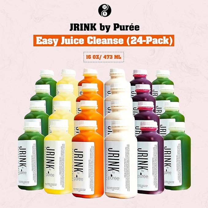 JRINK by Purée Easy Juice Cleanse, Cold Pressed Detox Drink with Organic 4 Day-Healthy Vegetable and Fruit Juice, Frozen Pressed Juice Cleanse, 24 Bottles, 16oz Each