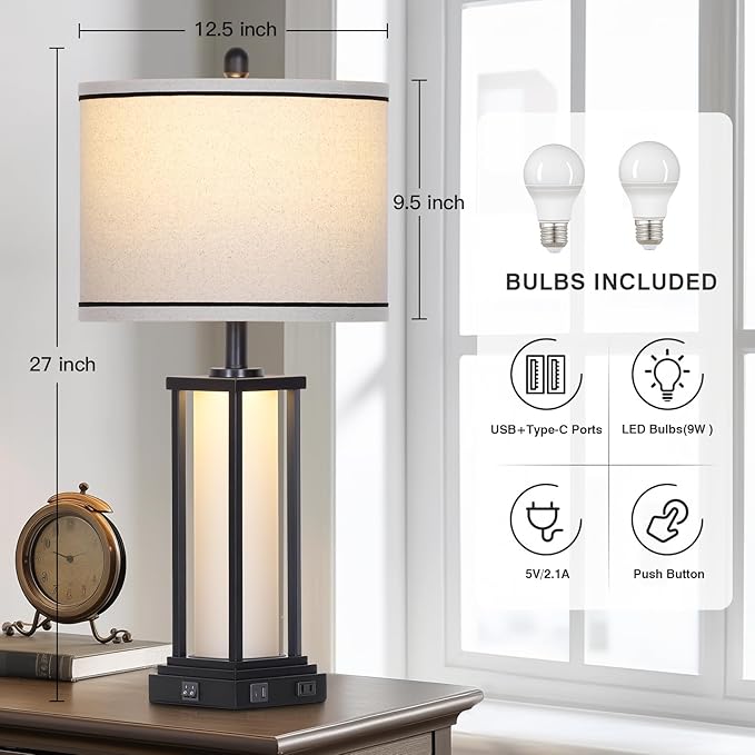 27" Tall Vintage Table Lamp Set of 2 with USB C+A & Outlet,Black Industrial End Table Lamp for Living Room,Farmhouse Rustic Bedside Lamps with Frosted Glass Night Light for Bedroom Nightstand,Black