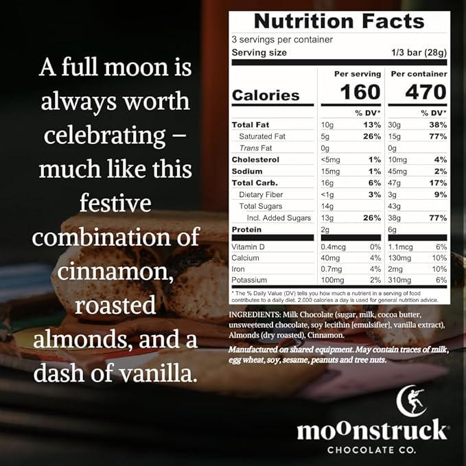 Moonstruck Chocolate Milk Chocolate Bar with Cinnamon Vanilla and Almond, 31% Cacao, 3.0oz (Pack of 12)