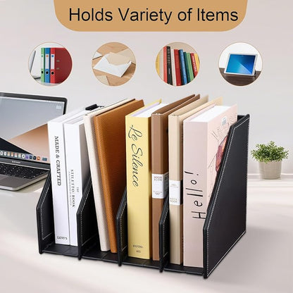 GORESE Collapsible Magazine File Holder, PU Leather Vertical File Folder Organizer for Desk with 4 Compartments, Magazine Holder Binder Storage Clipboard Rack File Sorter for Office Home School, Black