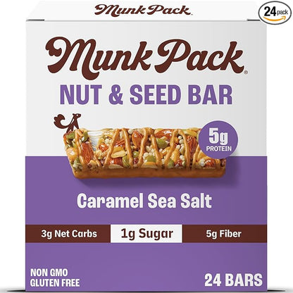 Munk Pack Caramel Sea Salt Nut & Seed Snack Bars Stocking Stuffers | 5g Protein, 1g Sugar, 3g Net Carbs | Keto Friendly, Plant-Based, Low Sugar, Non-GMO, Gluten-Free Snacks | 24 Count (4.92 oz)