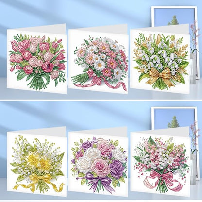 6pcs Diamond Art Painting Postcards with Envelope, Bouquet Pattern Daily DIY Handmade Greeting Cards Wishing Cards for Special Occasion Festival Craft Gift