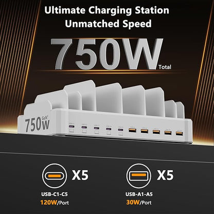 750W Charging Station for Multiple Devices, 10-Port Fast Charger, 5 USB-C 120W Each and 5 USB-A 30W Each, Desktop Charging Hub for Laptop Phone Tablet, White