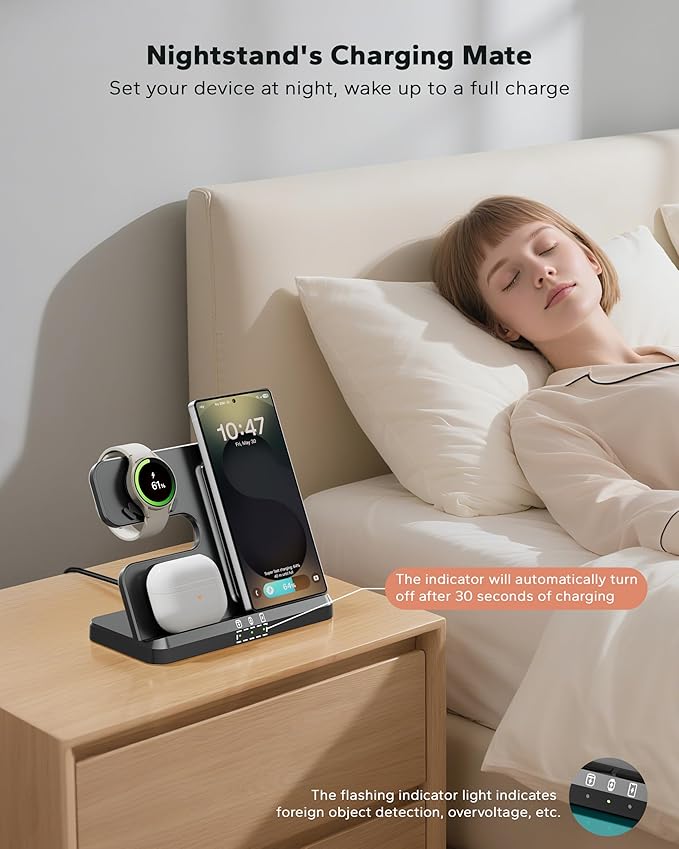 3 in 1 Charging Station for Samsung, Wireless Charger Stand for Galaxy S25 Ultra/S24/S23/Z Fold, Phone and Watch Charger for Samsung Watch Galaxy 8/7/6/5, Galaxy Buds 3/2/Pro