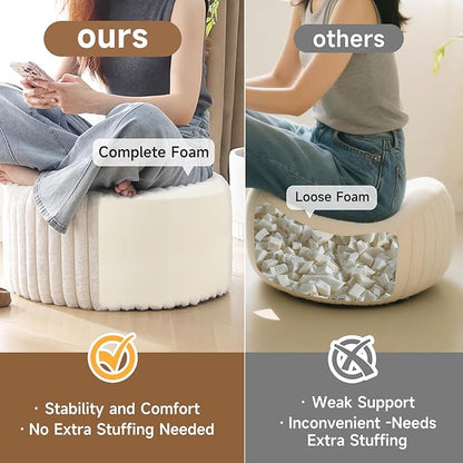 Tiita Round Stuffed Pouf Ottoman, Plush Poufs with Foam Chunk Filling, Foot Rest Stool for Living Room, Cream