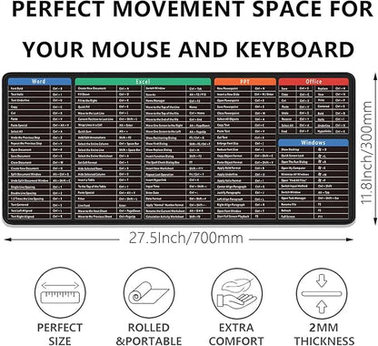 Large Extended Gaming Mouse Pad with Word Excel Office Software Excel Shortcuts PPT Windows,Stitched Edges Non-Slip Waterproof Rubber Base Mouse Pad for Office Desk Pad(27.5X11.8 in)