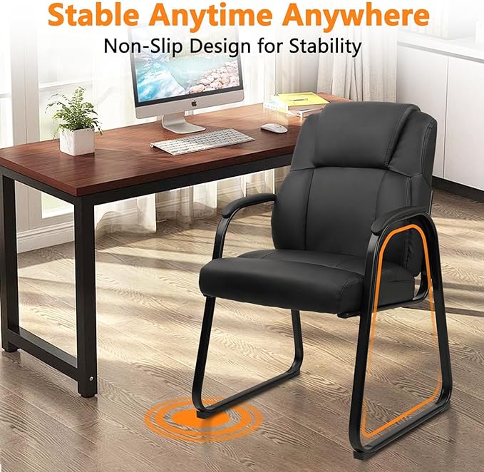 CLATINA Ergonomic Black Guest Chair with Arms Set of 4- Office Reception & Conference Seating, PU Leather Meeting Chairs with Sled Base for Waiting Rooms & Home Offices