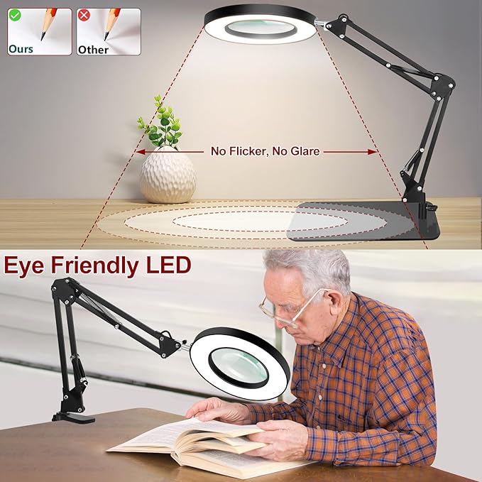 12X Magnifying Glass with Light and Clamp, Real Glass Stand Lighted Magnifier, 5 Color Modes Stepless Dimmable LED Desk Lamp Hands Free for Crafts Hobby Reading Painting Sewing Close Work