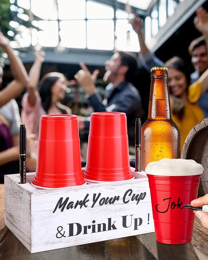 Wooden Cup Holder with Marker Slot, Disposable Cup Dispenser with Marker for Party, Family Gathering & Holiday Events