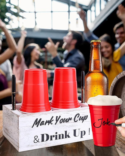 Wooden Cup Holder with Marker Slot, Disposable Cup Dispenser with Marker for Party, Family Gathering & Holiday Events