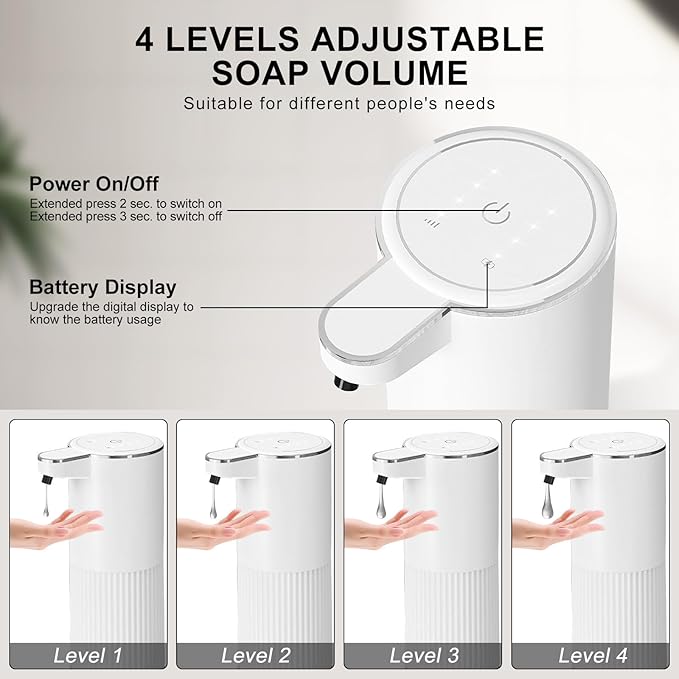 Automatic Liquid Soap Dispenser, 12.2oz/360ml Rechargeable Touchless Hand Soap Dispenser, 4 Level Adjustable with Display, Waterproof Wall Mounted Soap Dispenser for Bathroom Kitchen, White