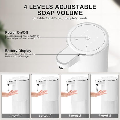 Automatic Liquid Soap Dispenser, 12.2oz/360ml Rechargeable Touchless Hand Soap Dispenser, 4 Level Adjustable with Display, Waterproof Wall Mounted Soap Dispenser for Bathroom Kitchen, White