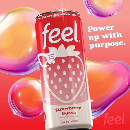 FEEL Zero Sugar Natural Energy Drink – Strawberry Guava, 140mg Plant-Based Caffeine with L-Theanine for Focus, Vitamin C for Immunity, Vegan, Non-GMO, No Artificial Sweeteners, 12 Fl Oz Cans (12-Pack)