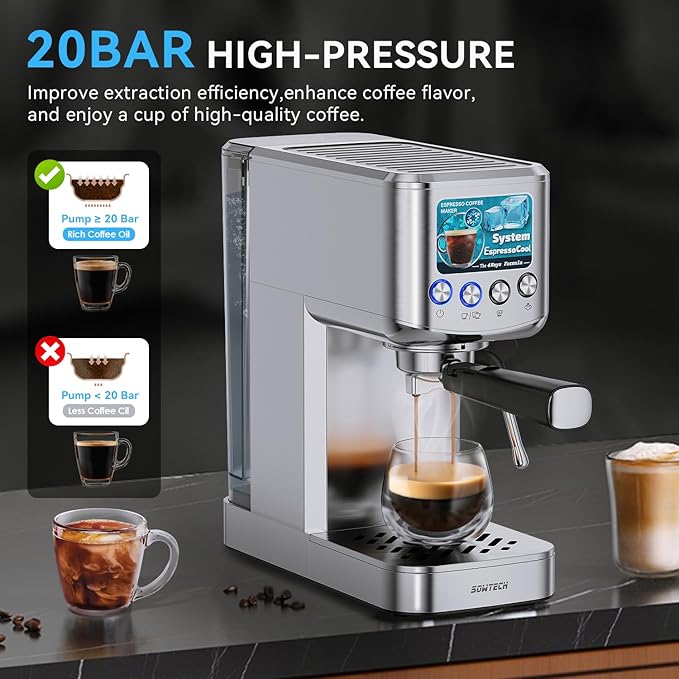 SOWTECH Espresso Machine 20 Bar, Compact Espresso Maker with Milk Frother, Stainless Steel Coffee Machine with 42 oz Water Tank for Cappuccino, Latte&Cold Brew, Home&Office, Silver