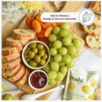 POSHI Green Pitted Olives - Lemon & Rosemary | Vegan, Kosher, Gluten Free + Keto Friendly, Fresh, All Natural Low Calorie Healthy Snacks | (30 Pack, 1.1oz Bags)