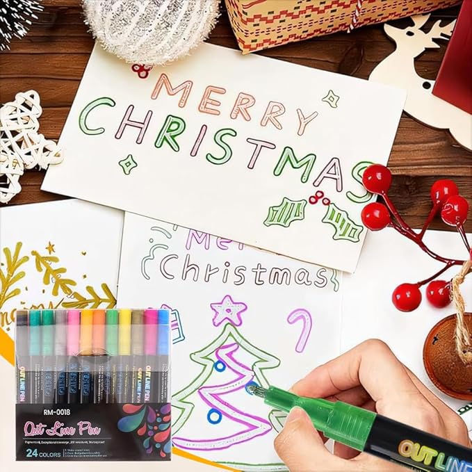 Marker Pen for Highlight, Outline Shimmer Markers Double Line Self-Outline Metallic Glitter Pens Super Squiggles Glitter Marker Set for Card Scrapbook Craft Arts Supplies, Gifts for Kids Teen Girl(12)