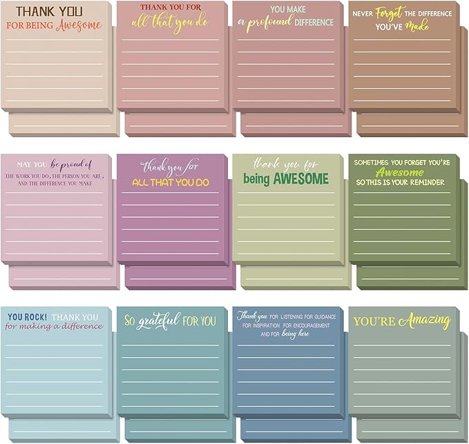 Yinder 24 Pcs Employee Appreciation Sticky Notes Xmas Gift Bulk Motivation Note Pads Mini Inspirational Note Gift for Teacher Nurse Staff Coworker Office Supply 3 x 3'' (Appreciation,Morandi)