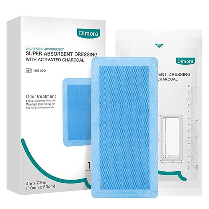 Dimora Upgrade Super Absorbent Dressing with Activated Charcoal, Superior Anti-Odor Moisture Absorpting Wound Dressing 4"x8" 10 Packs