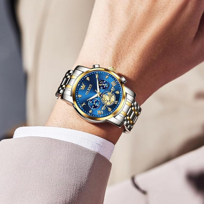 OLEVS Men Watches Stainless Steel Chronograph Watch, Large Wrist Analog Quartz Watch, Fashion Waterproof Diamond Roman Numerals Dress Watches for Men, Gold/Black/White/Blue/Grey Dial