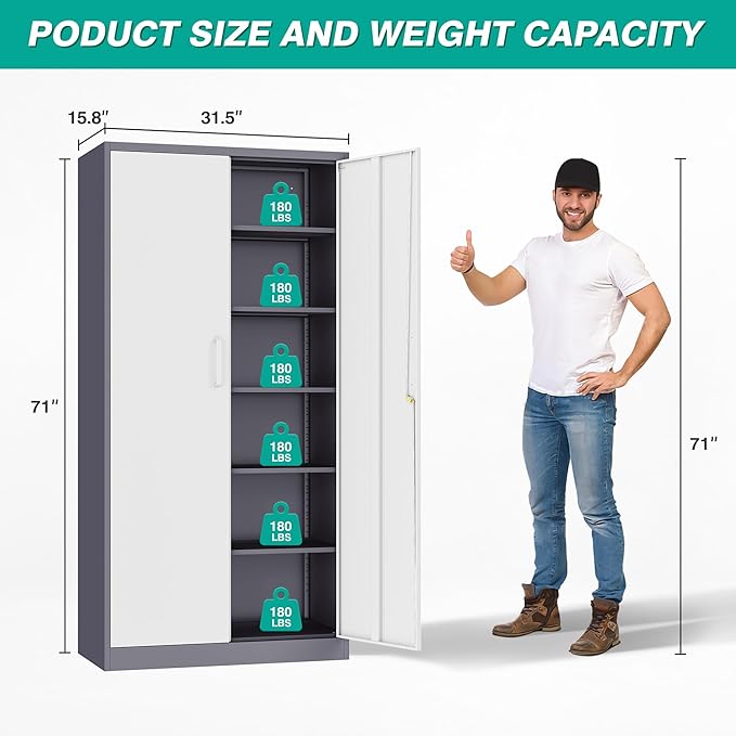 Wide & Deep Metal Storage Cabinet with 2 Doors and 5 Adjustable Shelves,72 inch Tall Locking Garage Storage Cabinet with Lock,Gray White Pantry Cabinets,Steel Cabinets for Home,Office,Garage 72x36x18