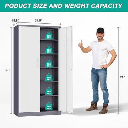Wide & Deep Metal Storage Cabinet with 2 Doors and 5 Adjustable Shelves,72 inch Tall Locking Garage Storage Cabinet with Lock,Gray White Pantry Cabinets,Steel Cabinets for Home,Office,Garage 72x36x18