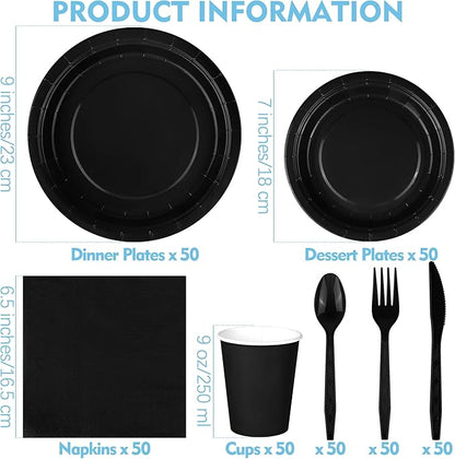durony 350 Pieces Black Paper Dinnerware Set 7 Inch 9 Inch Disposable Dinner Plates Serve 50 Guests Paper Cup Cutlery Napkins Solid Color Party Supplies for Birthday Wedding Party Family Picnic