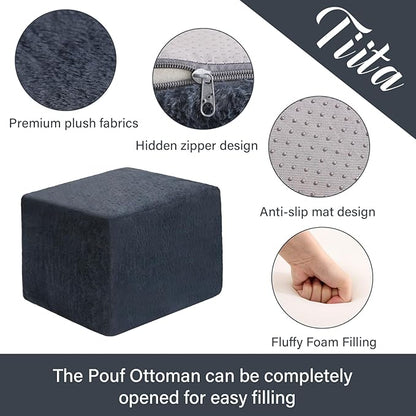 Tiita Stuffed Pouf Ottoman, Square Foot Stool Fluffy Floor Poufs Chair for Living Room Bedroom, Filled Boho Foot Rest for Couch, Blue-Grey