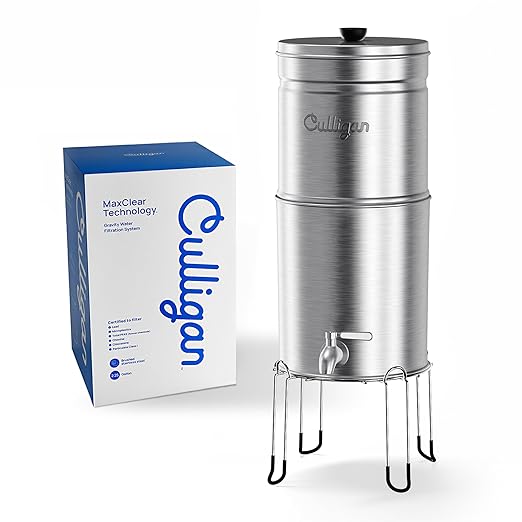 Culligan with MaxClear Technology 2.25 Gallon Gravity Water Filter System, Brushed Countertop Ceramic Water Filter NSF/ANSI Certified to Reduce Lead, Microplastics & Total PFAS, with 4 Filters