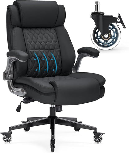 Large High Back Office Chair with Flip Arms- Executive Desk Chair with Locking Wheels, Adjustable Lumbar Support, Ergonomic Synthetic Leather Computer Chair Prevents Cats Scratching