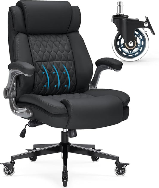 Large High Back Office Chair with Flip Arms- Executive Desk Chair with Locking Wheels, Adjustable Lumbar Support, Ergonomic Synthetic Leather Computer Chair Prevents Cats Scratching