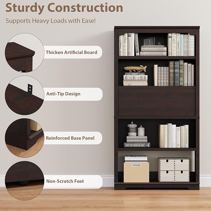 HIFYOBRO 71" Tall Bookcase, 5-Tier Open Display Storage Shelf, 37 inch Wide Freestanding Bookshelves with Flip-Down Door on 3rd Book Shelf for Home, Office, Library, 37" W * 11" D * 71" H (Cherry)