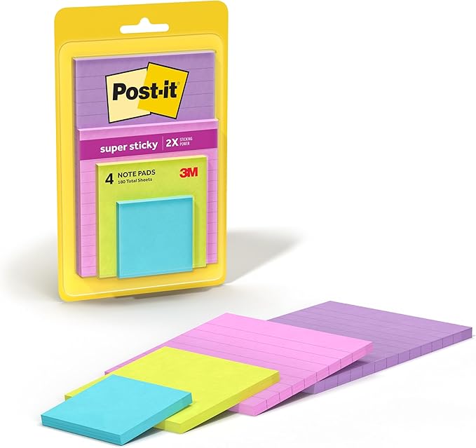 Post-it Super Sticky Notes, Assorted Sizes, 4 Pads, 2X The Sticking Power, Supernova Neons, Neon Colors, Recyclable (4622-SSMIA)
