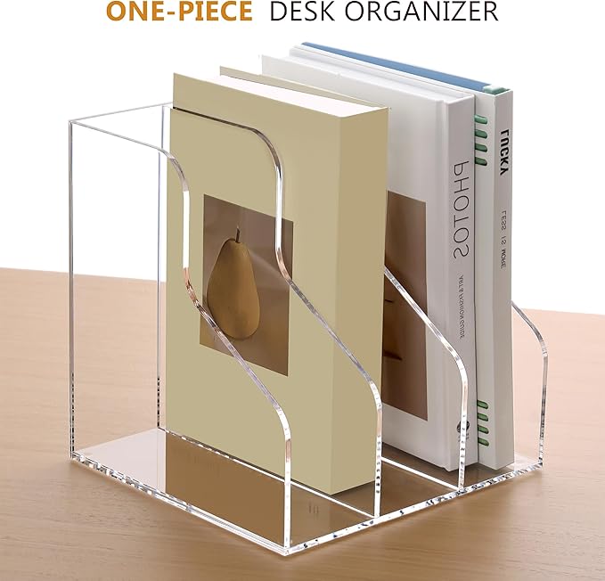 SANRUI Acrylic File Organizer, Clear Magazine File Holder with 3 Vertical Compartments, Desk Organizer for Home School Office Organization, Desk Bookshelf