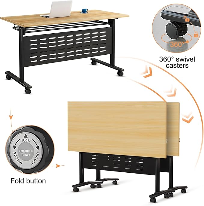 Conference Room Table, 55 Inch Folding Conference Tables with Wheels, Modern Office Meeting Table, Easy Flip & Nest Design, Rectangular Seminar Tables with Metal Frame for 2-24 People(F 6PCS)
