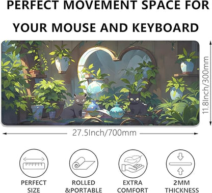 Lofi Cat Mouse Pad Green Plant Desk Pad,Black Cat Extended Gaming Mouse Mat with Stitched Edges Non-Slip Waterproof Rubber Base Mous Mat for Office,Computer,Keyboard,Laptop,Home Desk Pad(27.5X11.8 in)