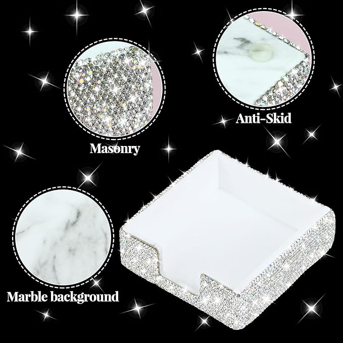 Buqoo Rhinestone Note Holder, Post It Note Dispenser Desk Organizer 4 x 4 Inches, Bling Postit Note Dispenser Post It Note Holder for Home Desk Office Supplies (Silver)