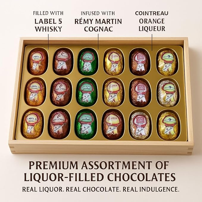 Andy Anand Chocolatier European liqueur Flavored Dark Chocolate Bottles - Filled with Top-Shelf Liquor, Gluten Free Assorted Liquor Flavors, Liqueur Center Filled Chocolate in Wooden Gift Box (18Pcs)