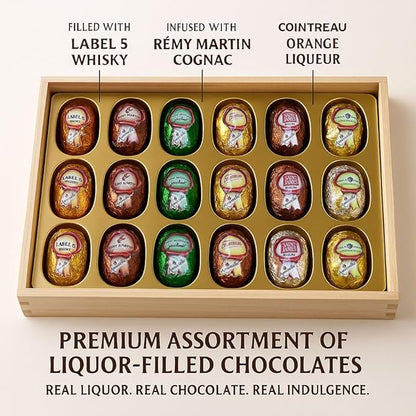 Andy Anand Chocolatier European liqueur Flavored Dark Chocolate Bottles - Filled with Top-Shelf Liquor, Gluten Free Assorted Liquor Flavors, Liqueur Center Filled Chocolate in Wooden Gift Box (18Pcs)